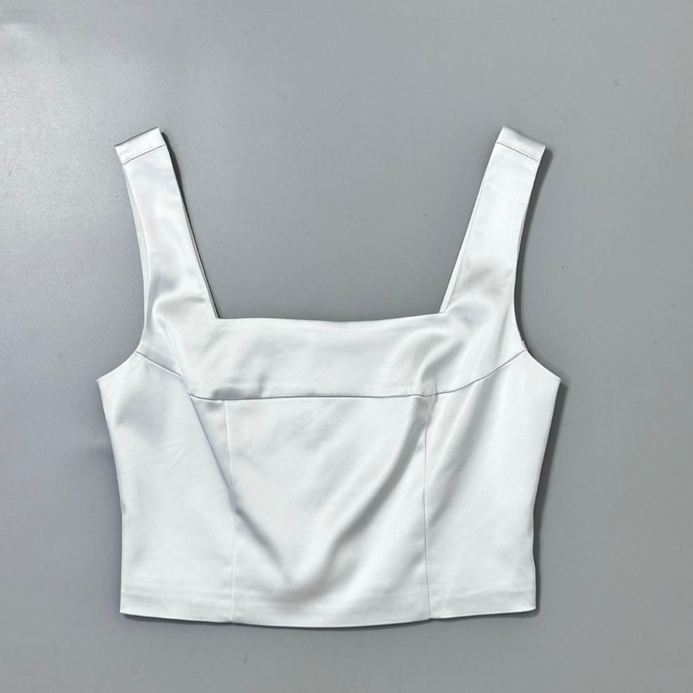 Open Edit Satin Corset Square Neck Tank Crop Top in Light Silver